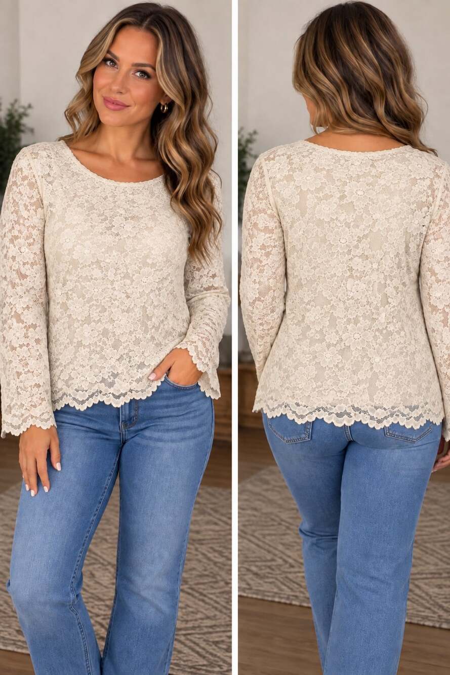 Coldwater Creek Lace Top Size L Cream Long Sleeve Floral Scallop Hem